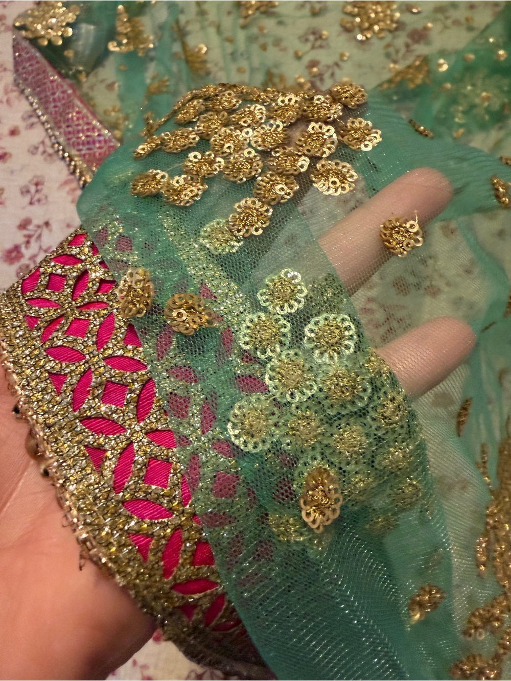 Embroidered Turquoise and Gold Beaded Scarf with Pink Trim 92x38 - Picture 4 of 9